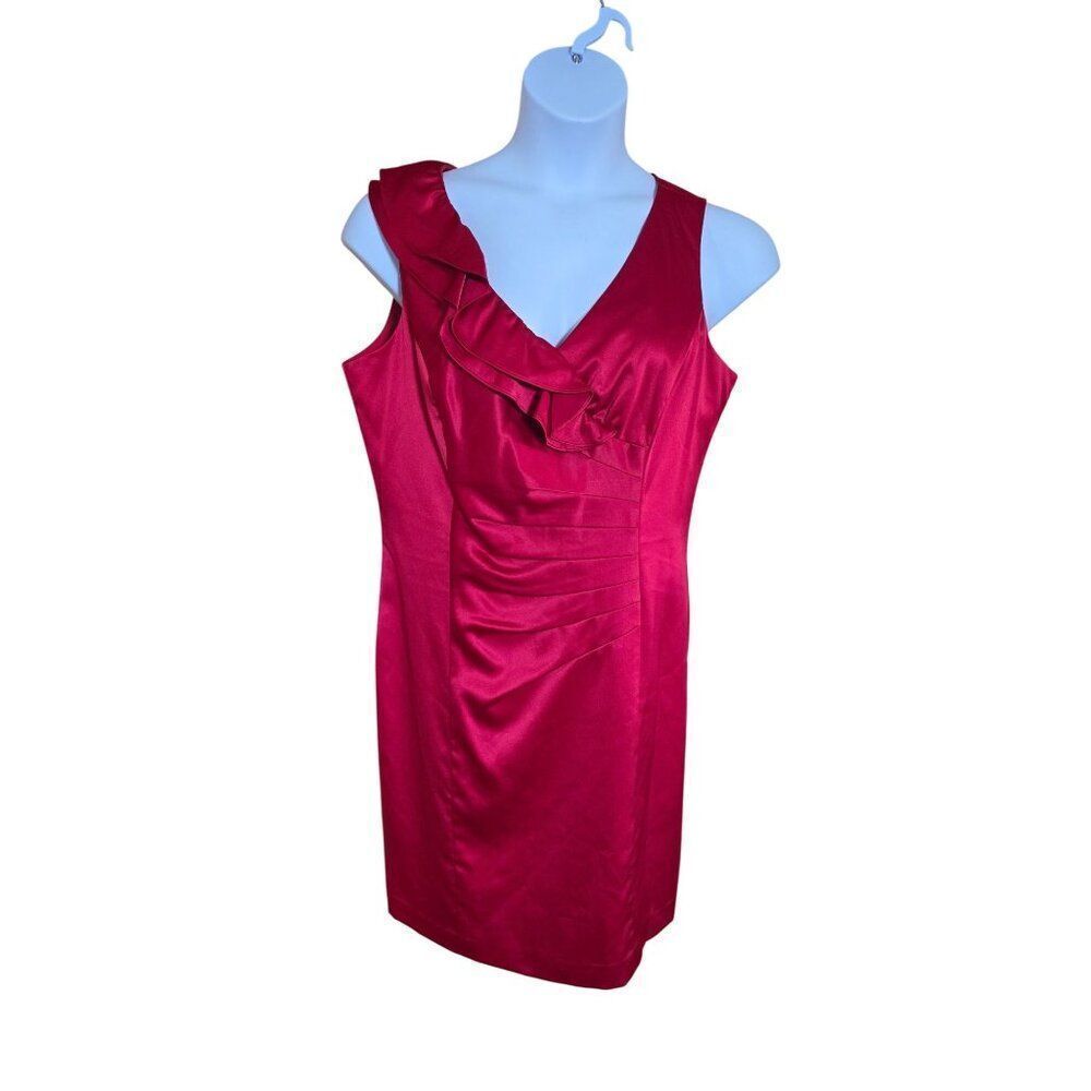 Allen B. Red Sleeveless Satin Dress Ruffle Accent elegant glam coquette classic